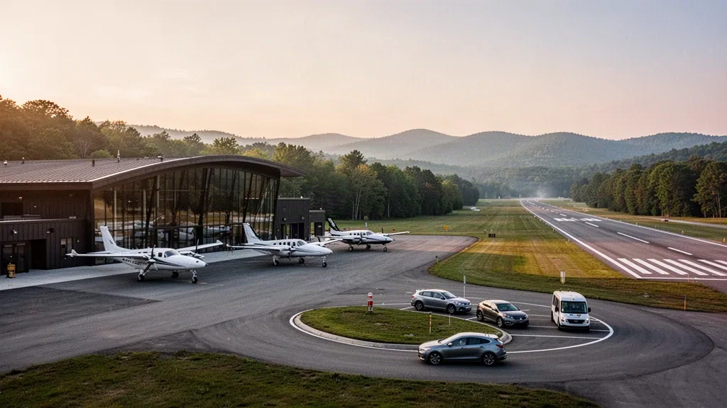 Kleines regionales Terminal, Vorfeld und einzelne Start- und Landebahn am Grant County Airport in Petersburg, West Virginia, im Hintergrund bewaldete Allegheny-Grate zur goldenen Stunde.