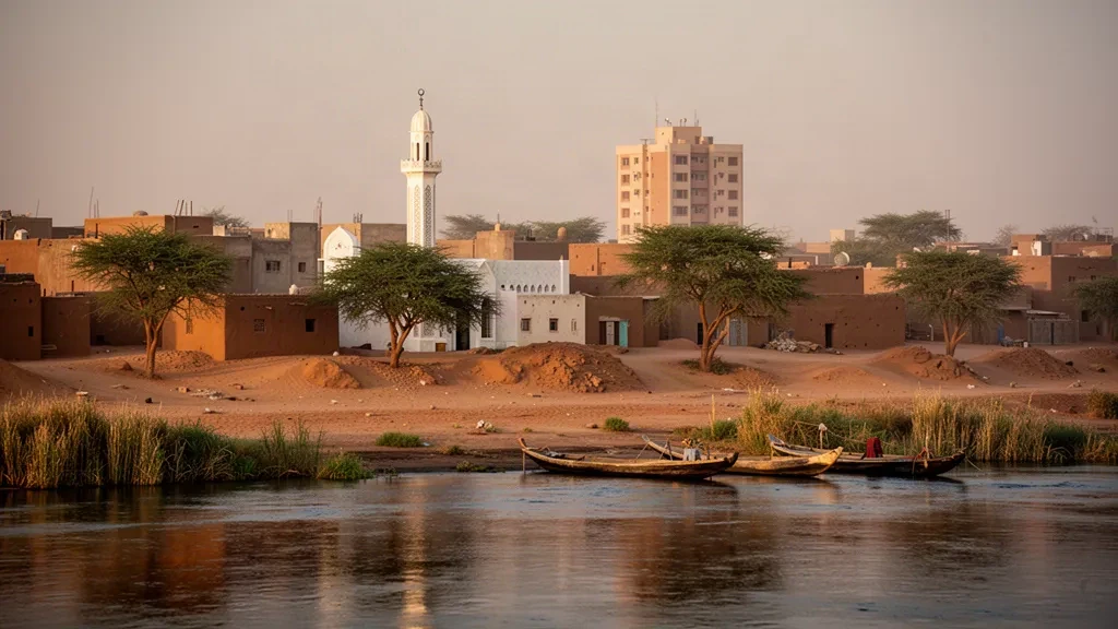 Panorama de N'Djamena avec un minaret de mosquée à l'heure dorée le long des rives du fleuve Chari au Tchad