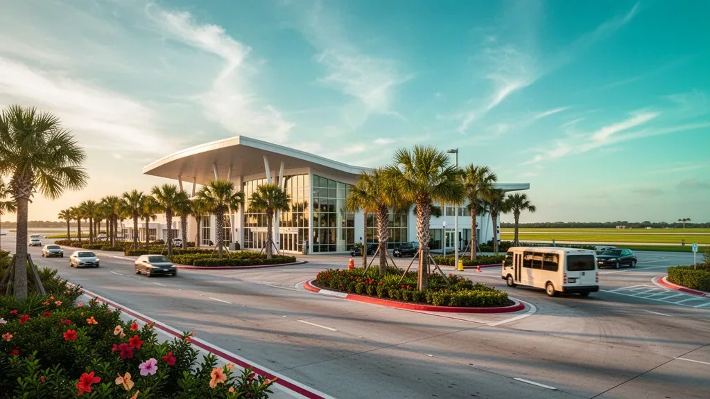 Terminal del Aeropuerto de Punta Gorda en Florida con palmeras, dosel blanco curvo y carriles de descenso soleados durante la hora dorada