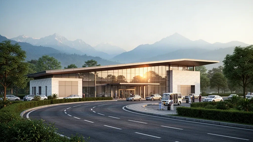 Modernes niedriges Terminal und Vorfahrtspur am Flughafen Pantnagar in Uttarakhand mit Ausläufern des Himalaya im Hintergrund