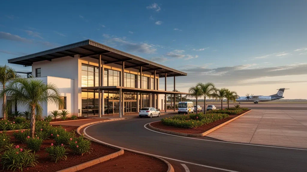 Extérieur moderne du terminal et tarmac de l'aéroport de Chitato à Dundo, en Angola, photographiés à l'heure dorée avec un aménagement paysager tropical