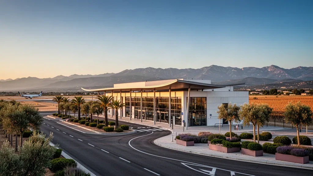 Facciata moderna in vetro del terminal dell'aeroporto di Perpignan-Rivesaltes nel sud della Francia, con strada d'accesso alberata di palme e calda luce dorata del tramonto