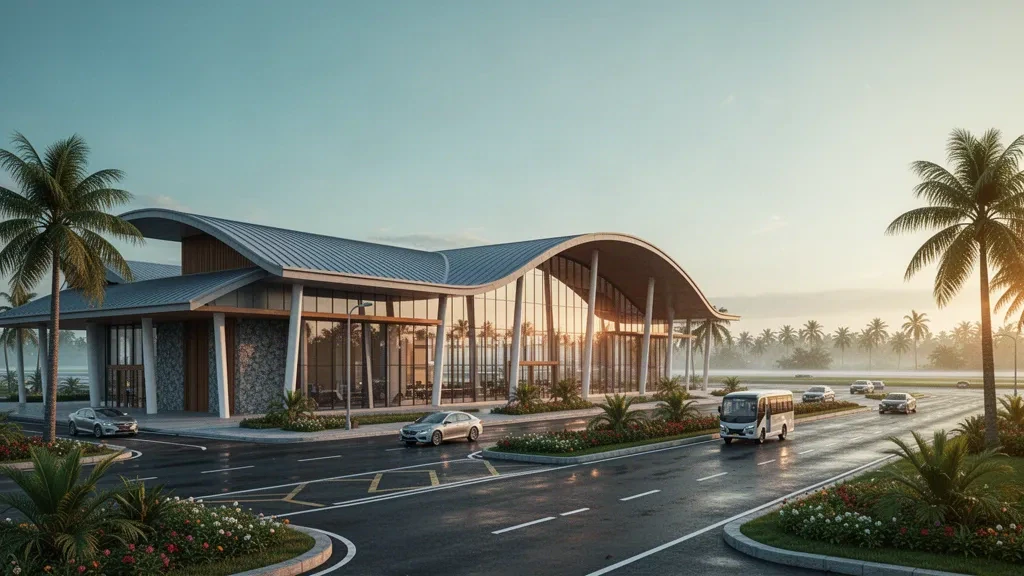 Moderne Glasfassade des Terminals am Flughafen Depati Amir in Pangkal Pinang, Indonesien, die in der goldenen Stunde leuchtet, mit palmengesäumten Zufahrtsstraßen