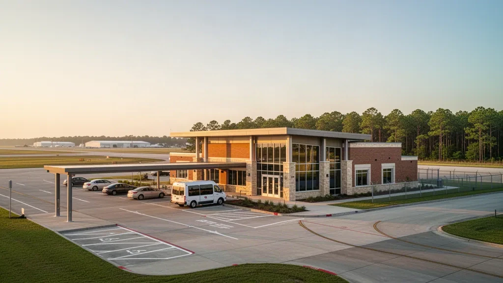 Modernes einstöckiges Terminal und Vorfahrtsbereich zum Aussteigen am Trent Lott International Airport in Pascagoula, Mississippi, in warmem Licht des späten Nachmittags