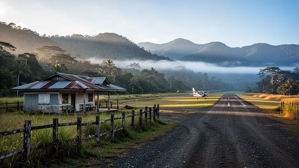 Vue matinale de la piste d'atterrissage en altitude de l'aéroport de Pangia en Papouasie-Nouvelle-Guinée, avec un petit terminal et des crêtes montagneuses brumeuses