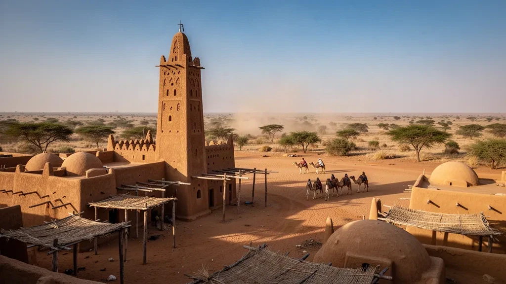 Minarete de adobe de la Gran Mezquita de Abéché alzándose sobre una polvorienta plaza saheliana en la región de Ouaddaï, Chad, a la hora dorada