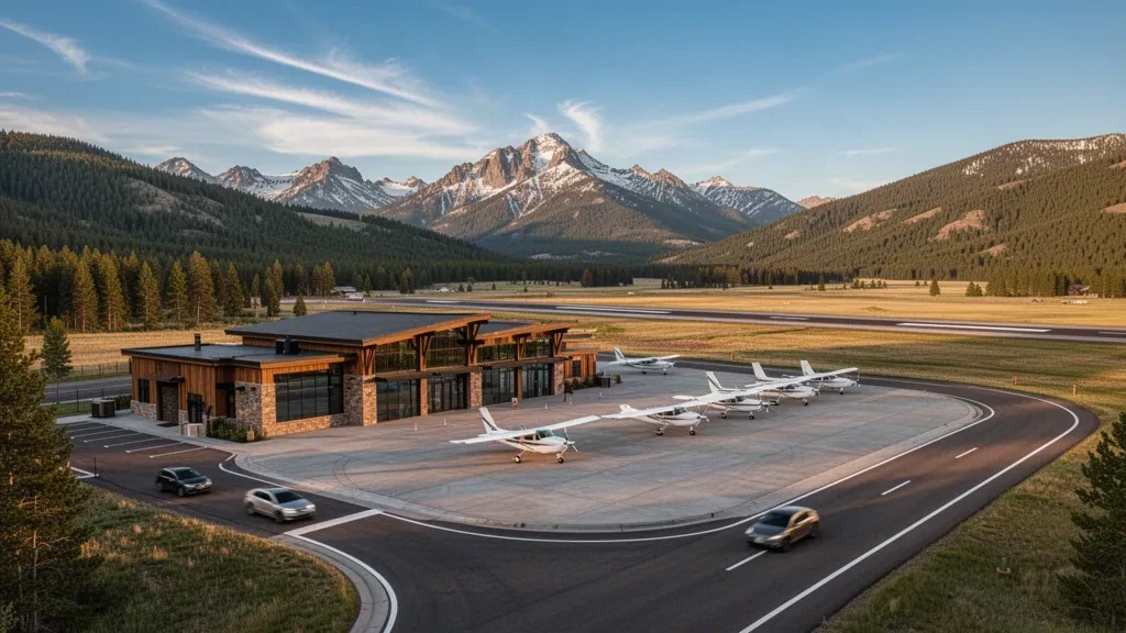 Terminal aeroportuale, piazzale e pista di Stevens Field vicino a Pagosa Springs, Colorado, circondati da foreste di pini e dalle San Juan Mountains nell'ora d'oro.