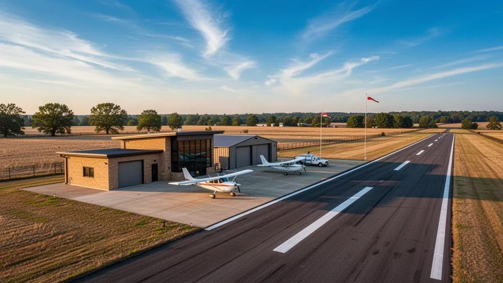 Kleines Terminal für allgemeine Luftfahrt, Hangars und Startbahn am Kirk Field Flughafen nahe Paragould, Arkansas in goldenem Abendlicht