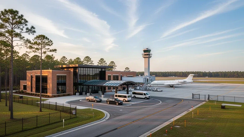 Terminal moderne en brique et verre à l'aéroport de Pitt-Greenville en Caroline du Nord avec un jet régional sur le tarmac à l'heure dorée