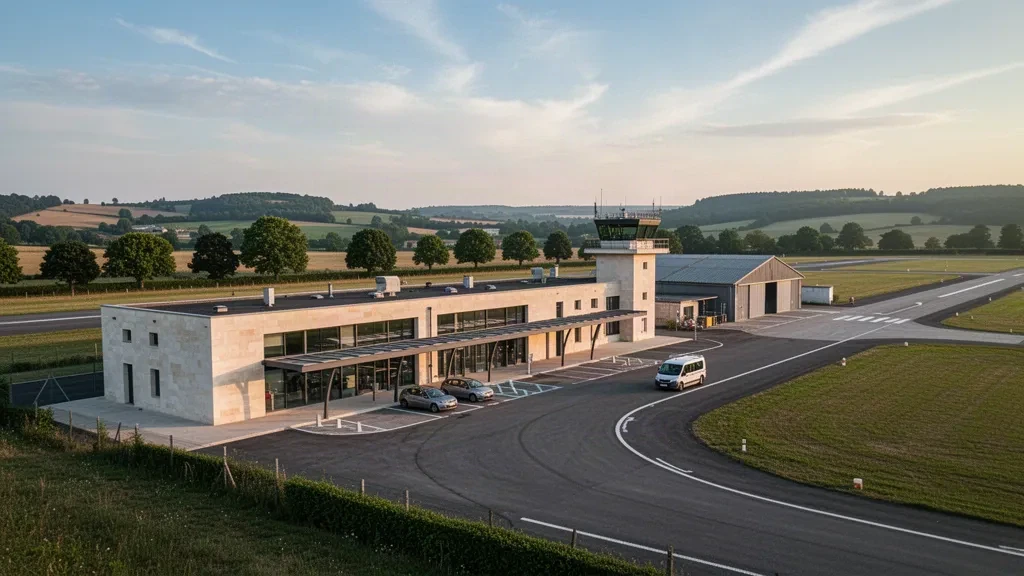 Golden-hour exterior of a small regional airport terminal near Périgueux, with glass facade, drop-off lane and green Dordogne hills beyond.