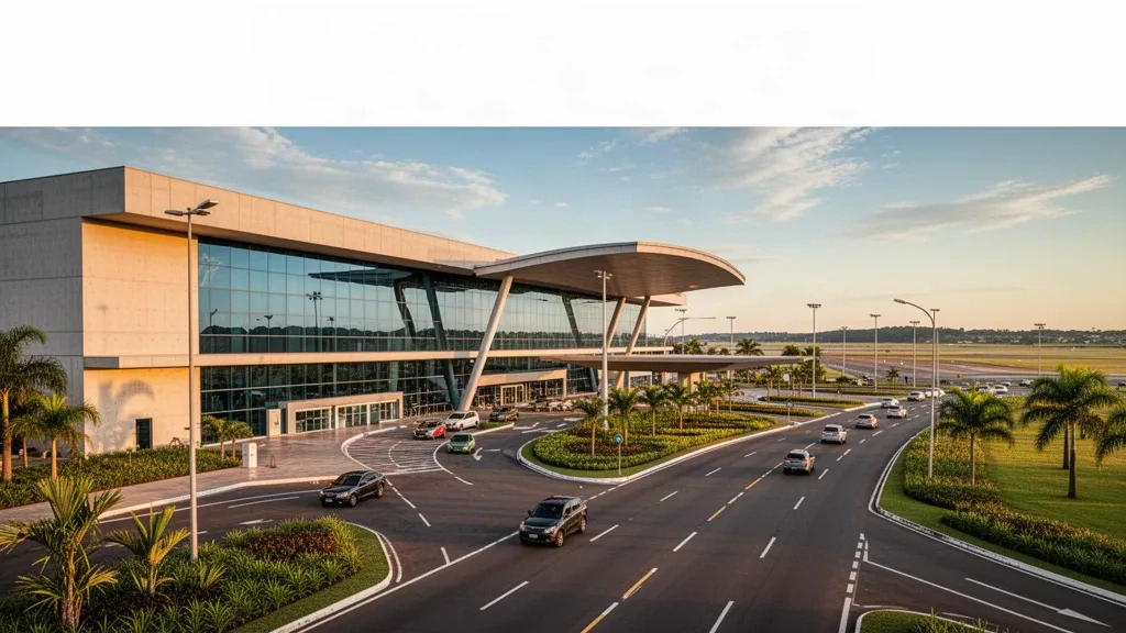Moderne Terminalfassade und Vorfahrtbereich am Flughafen Ponta Grossa in Paraná, Brasilien, im warmen Licht der goldenen Stunde.