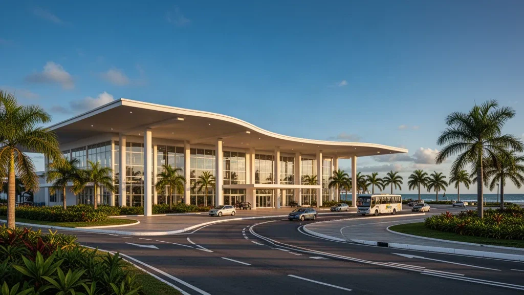 Modern terminal and drop-off lane at Parnaíba–Prefeito Doutor João Silva Filho International Airport in Piauí, Brazil at golden hour