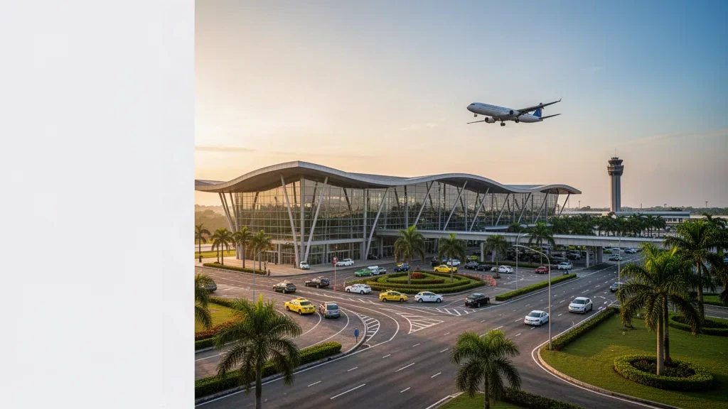 Modernes Glas-Terminalgebäude am Port Harcourt International Airport mit Bringspuren und tropischer Bepflanzung im Licht der goldenen Stunde.