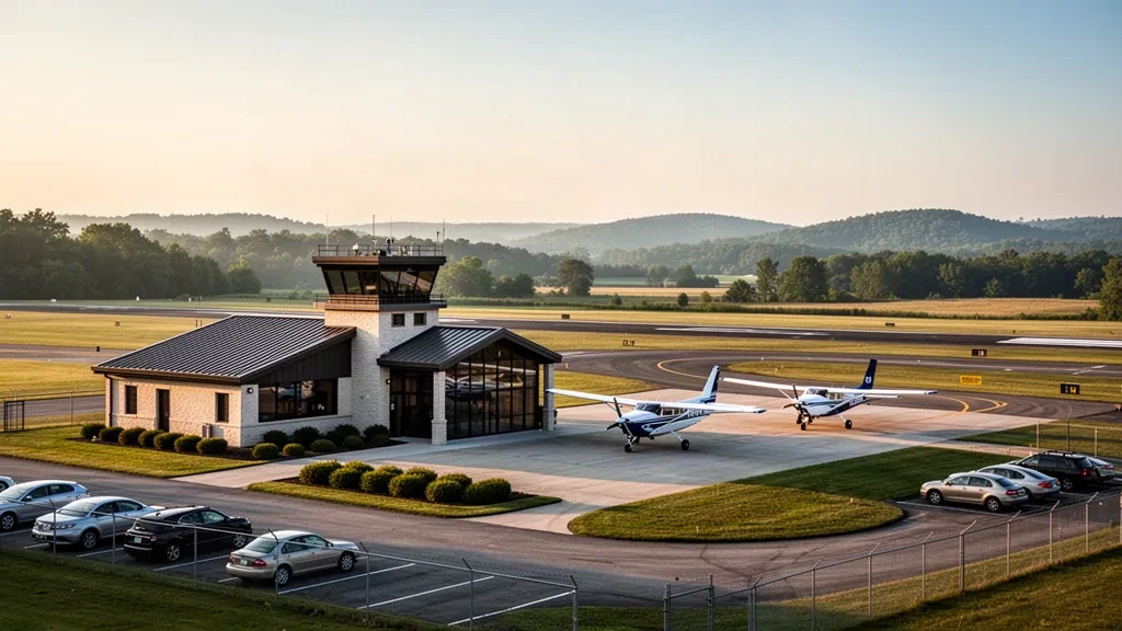 Petit terminal d'aviation générale, hangars et aéronefs légers stationnés à l'aéroport Harry Clever Field à New Philadelphia, Ohio, à l'heure dorée