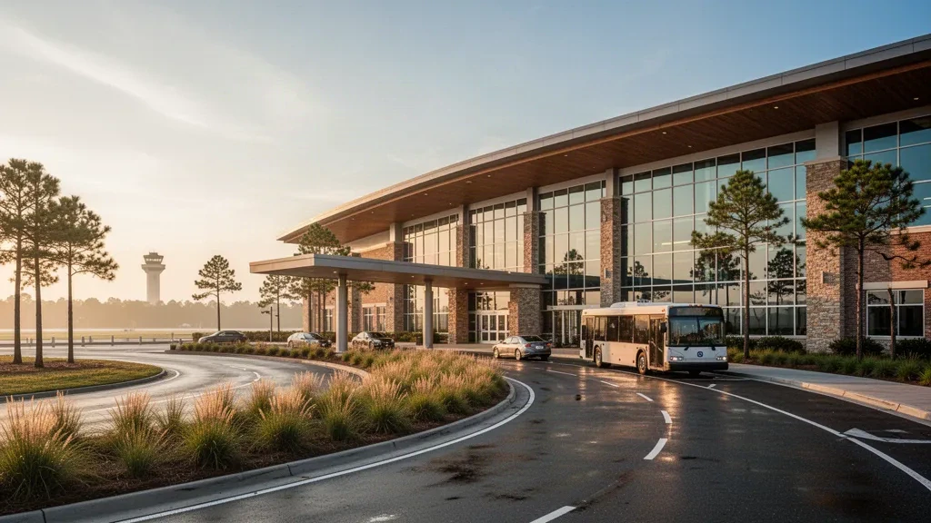 Modern glass and brick terminal exterior at Newport News Williamsburg International Airport during golden hour, with a calm curved drop-off lane.