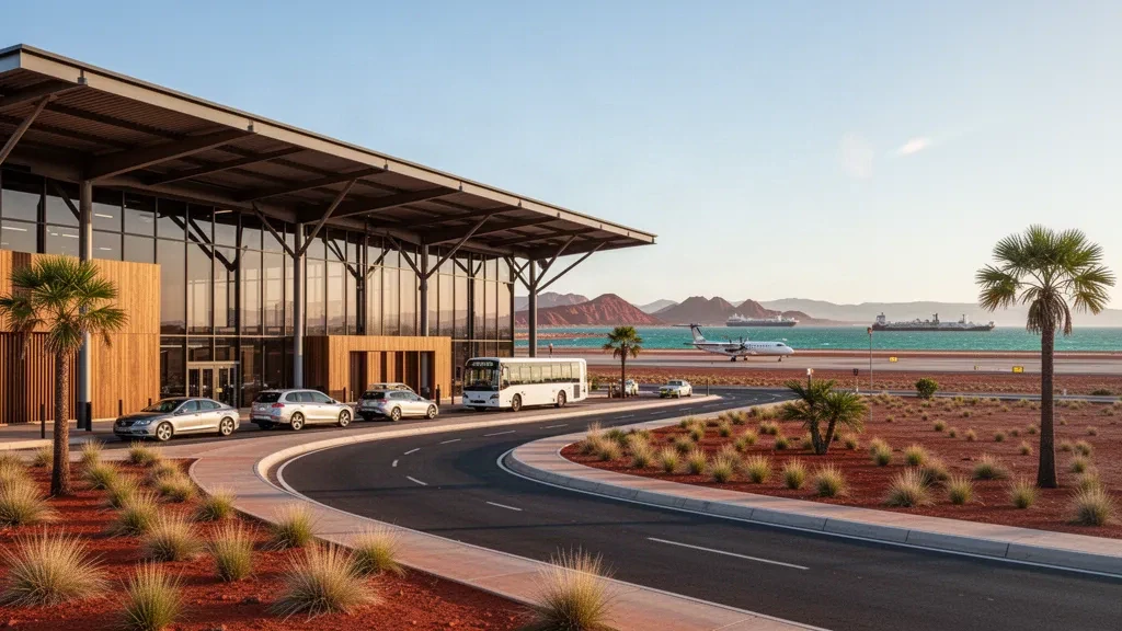 Terminal moderna de cristal y carril de bajada en la acera del Aeropuerto Internacional de Port Hedland, en Pilbara, Australia Occidental, a la hora dorada
