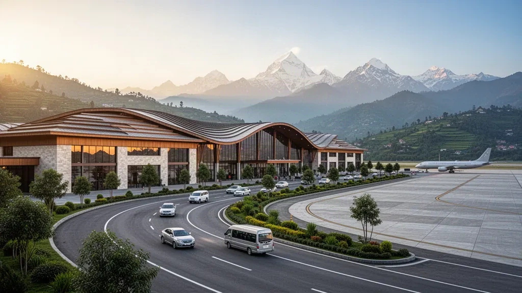 Modern glass terminal of Pokhara International Airport with curved roof, drop-off lanes and Himalayan peaks at golden hour