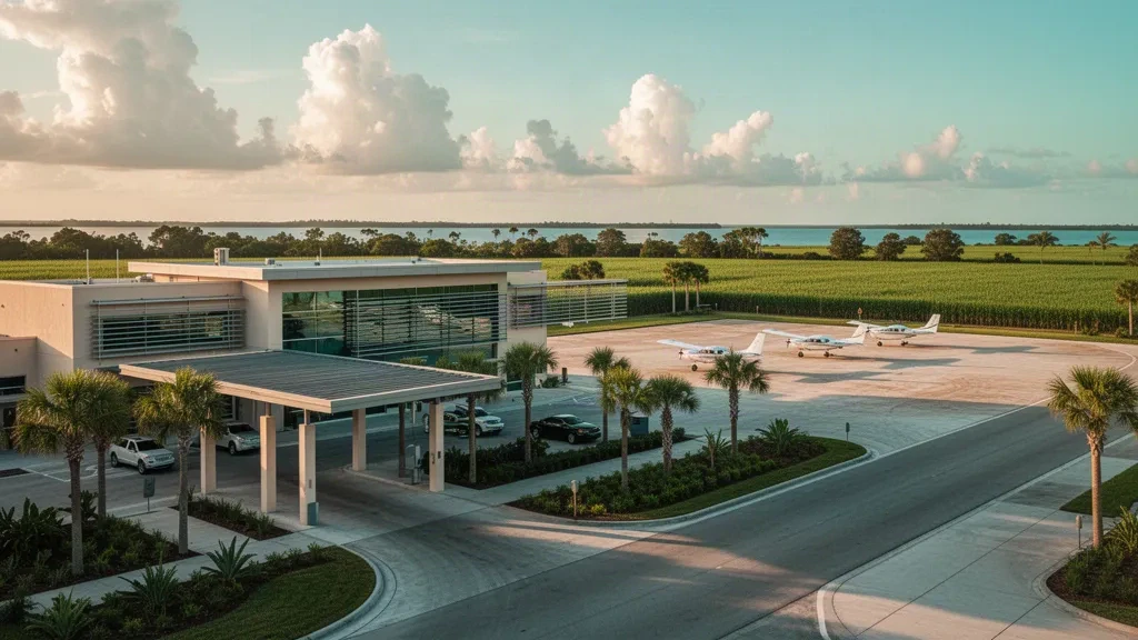 Vue à l'heure dorée du petit terminal d'aviation générale, de la voie de dépose et de l'aire de stationnement des aéronefs à l'aéroport de Palm Beach County Glades en Floride