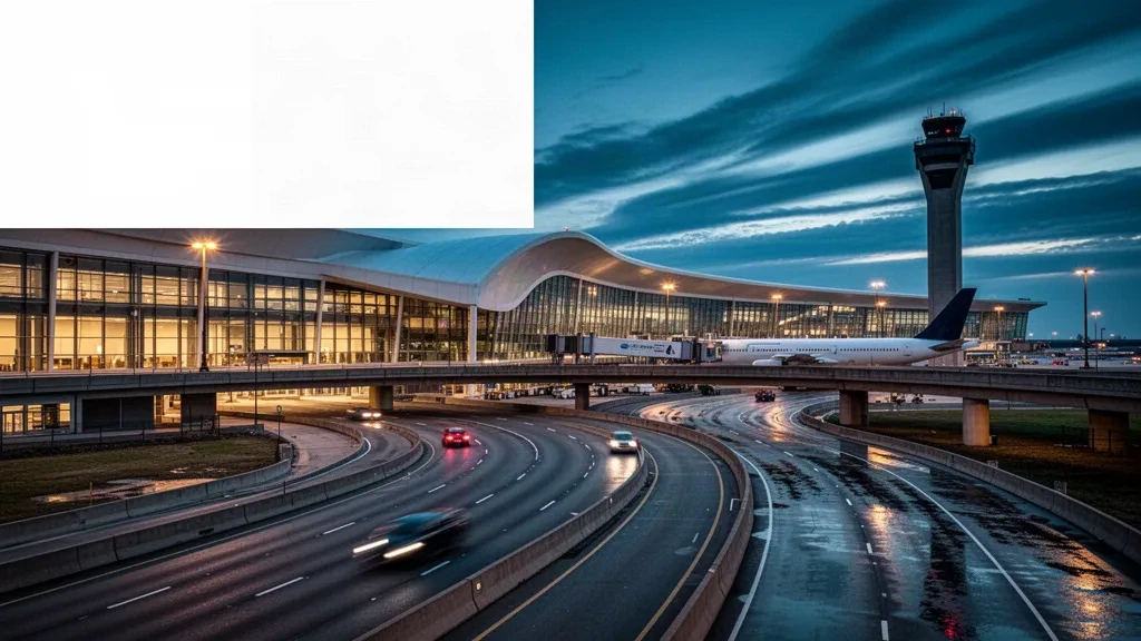 Außenansicht eines modernen Glasterminals und geschwungene Abflugstraße am Philadelphia International Airport in der Abenddämmerung, mit Flugzeugen am Gate