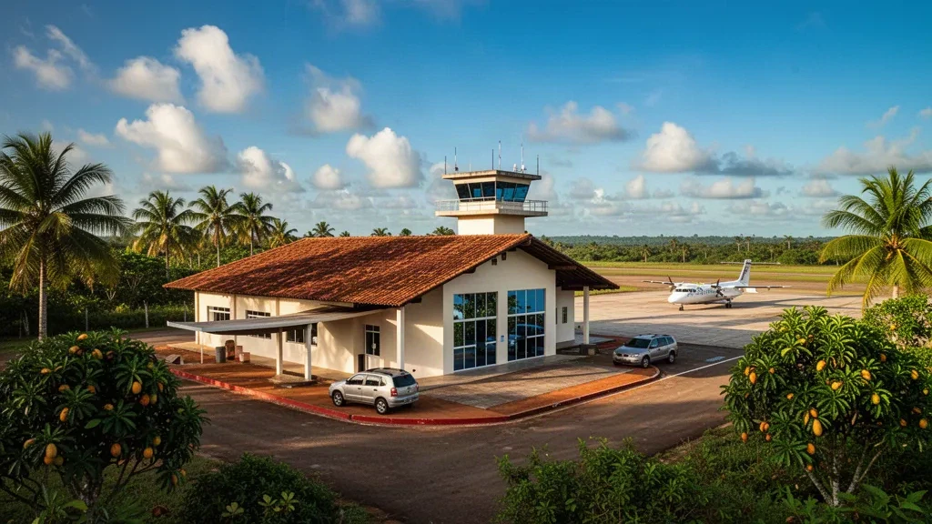 Pequeña terminal de aeropuerto regional, plataforma y entorno tropical en Pinheiro, Maranhão, Brasil, a la hora dorada