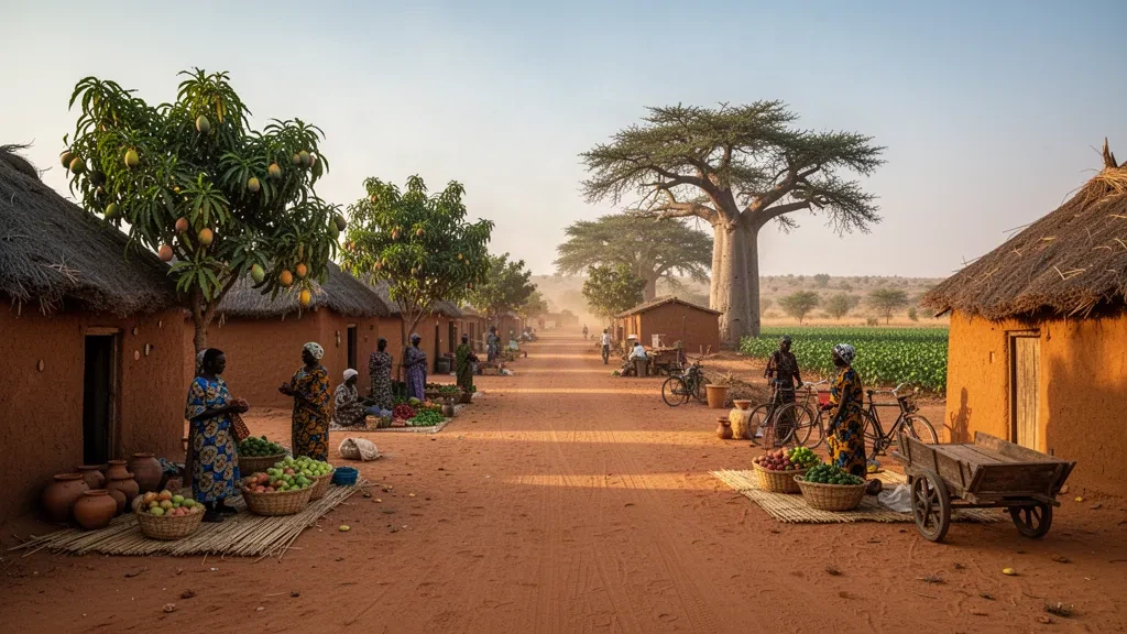 Casas de adobe y techos de paja a lo largo de una calle soleada en Laï, Tandjilé, Chad, con puestos de mercado de algodón y árboles baobab