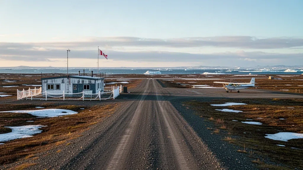 Remote gravel runway and small terminal at Point Hope Airport in Arctic Alaska under golden coastal light