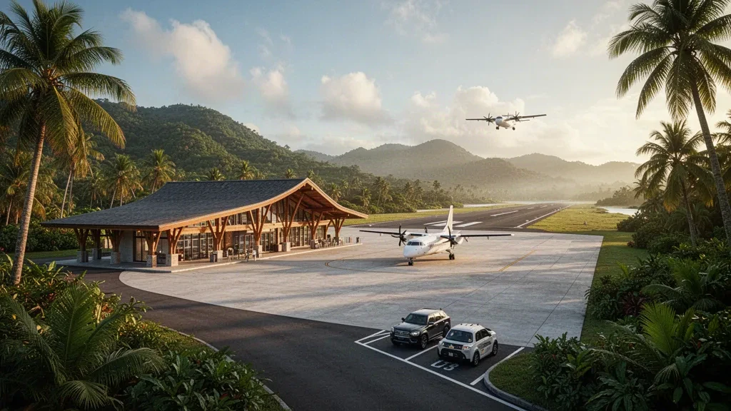 Golden-hour view of Nanuku Airport's tropical terminal, apron and runway in Fiji, framed by coconut palms and lush green hills