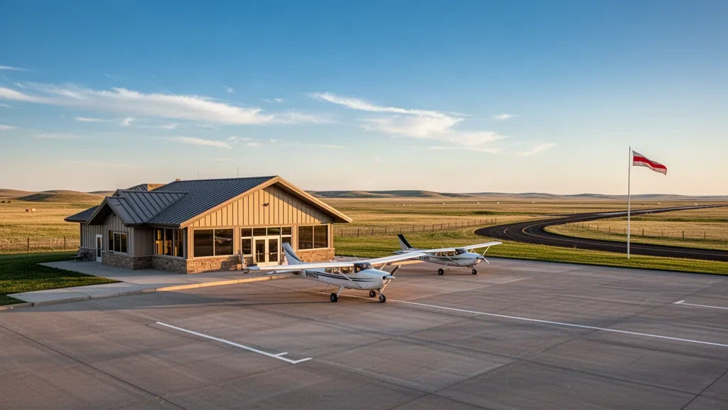 Petite aire de trafic d'aérodrome rural et terminal à l'aéroport Philip dans le Dakota du Sud, avec de petits avions et la prairie ouverte sous un large ciel doré.