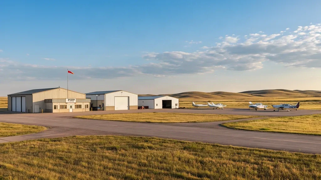 Petit terminal d'aviation générale et hangars à l'aéroport Philip dans le Dakota du Sud sous un large ciel de prairie.