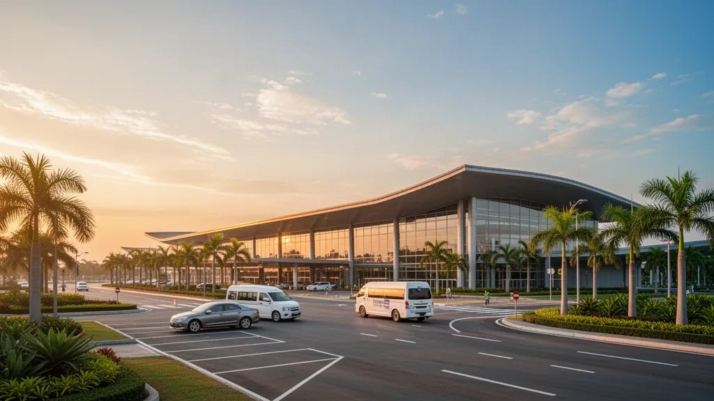 Moderner Terminal-Außenbereich des Flughafens Phitsanulok in Thailand zur goldenen Stunde, mit geschwungenem Dach, Glasfassade und Vorfahrtbereich mit Fahrzeugen.