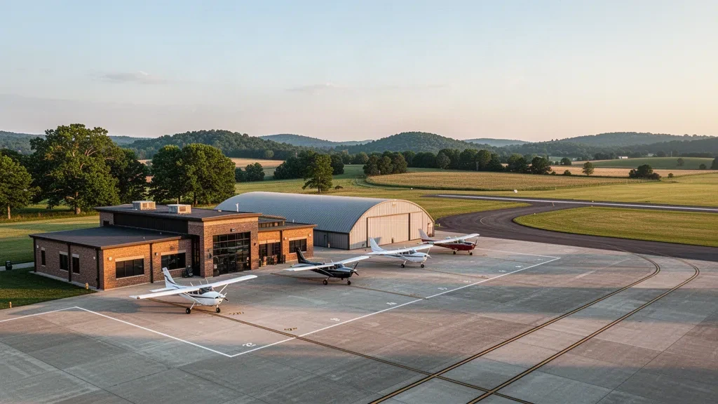 General aviation terminal, hangars and parked light aircraft at Henry County Airport in Paris, Tennessee, in warm late-afternoon light