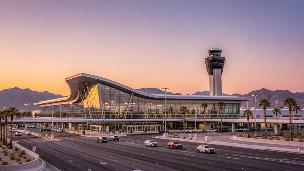 Extérieur moderne d'un terminal en verre à l'aéroport international Phoenix Sky Harbor pendant l'heure dorée, avec des montagnes du désert en arrière-plan.