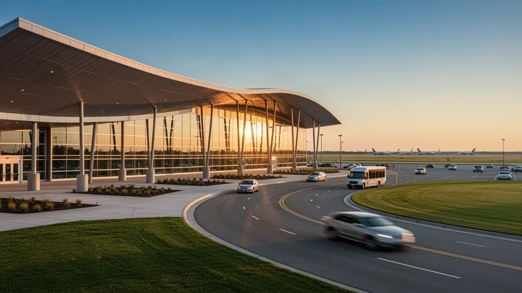 Modern glass terminal exterior at General Wayne A. Downing Peoria International Airport with drop-off lanes at golden hour