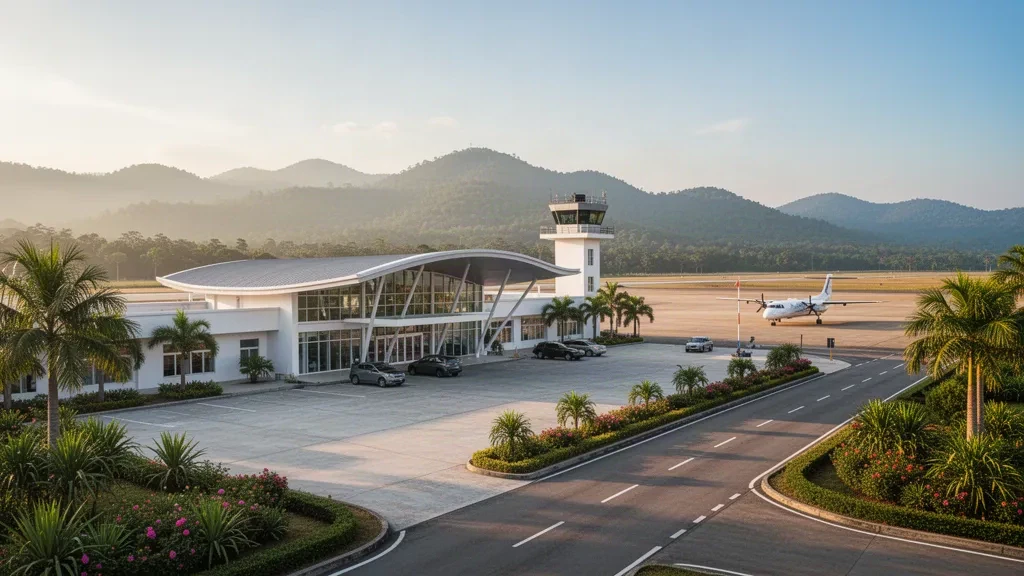 Tayland'daki Phetchabun Havalimanı'nda palmiyeler ve sıcak öğleden sonra ışığında ormanlık tepelerle çevrili alçak tropikal terminal ve apron.