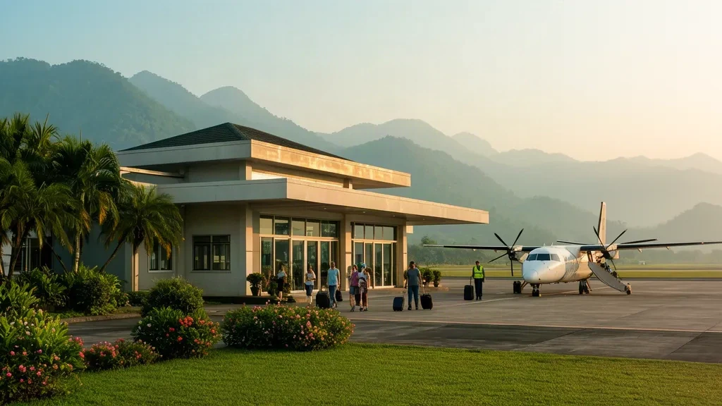 Tayland'daki Phetchabun Havalimanı PHY'de tropikal yeşillikler ve uzak dağlarla çevrili alçak terminal binası