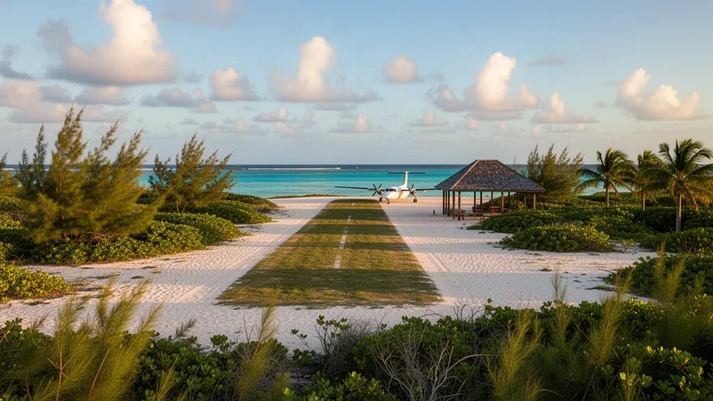 Small private island airstrip at Pine Cay in Turks and Caicos with a sand runway, tropical scrub and turquoise sea at golden hour
