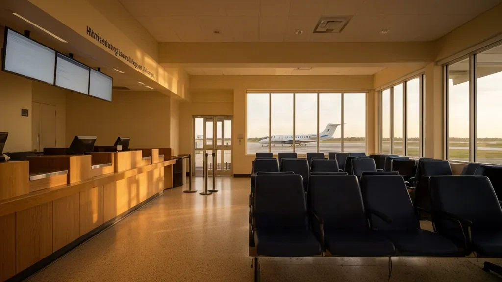 Hattiesburg-Laurel Regional Airport terminal interior with check-in counters, waiting seats and windows facing the sunlit apron