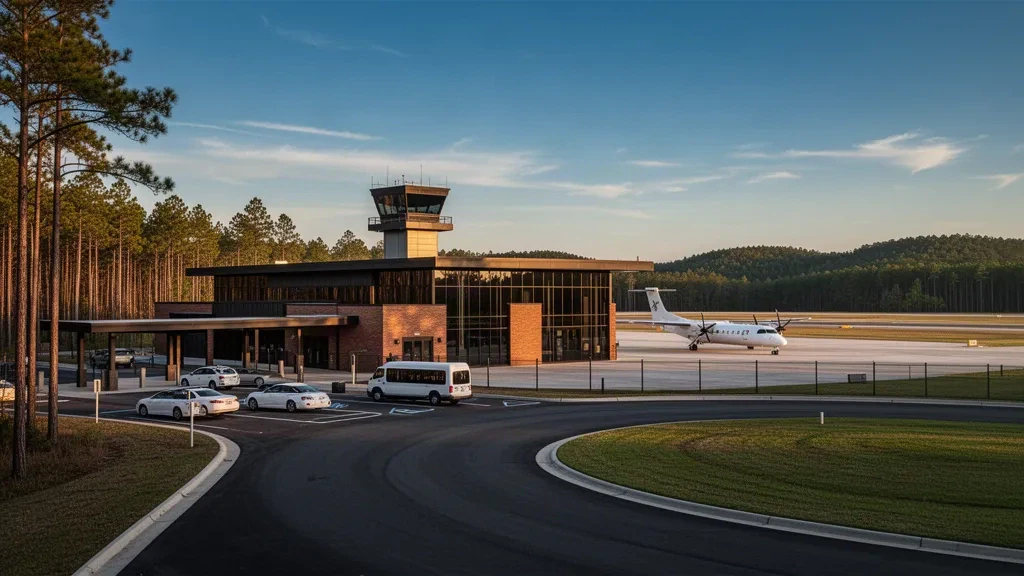 Esterno moderno del terminal in vetro e mattoni con zona di scarico al marciapiede e aerei regionali all'Aeroporto Regionale di Hattiesburg-Laurel in Mississippi durante l'ora d'oro