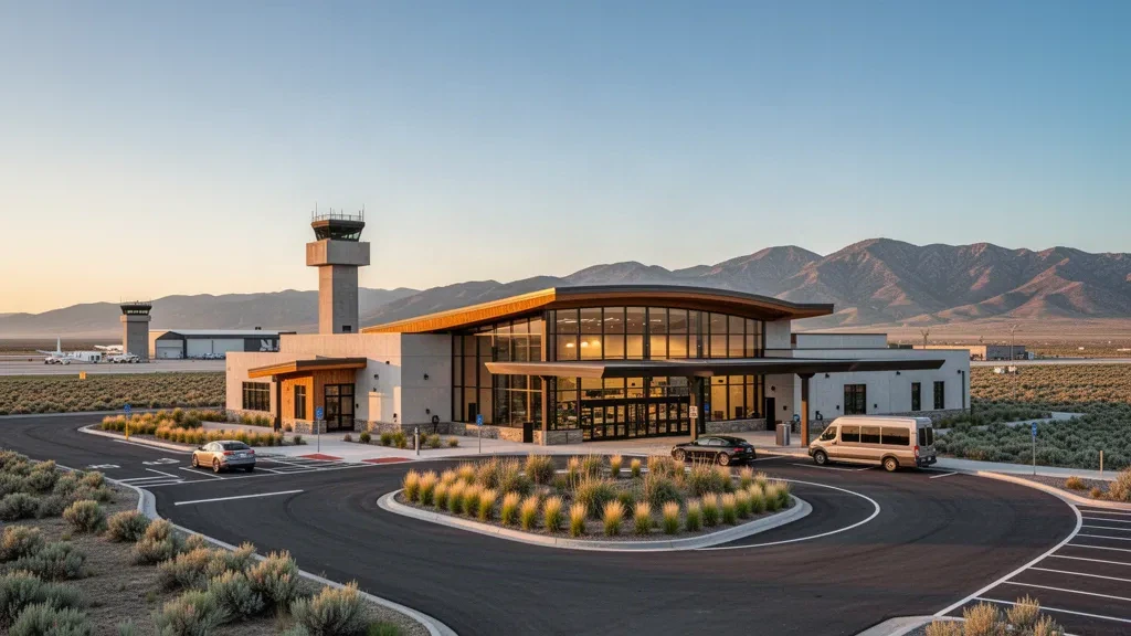 Terminal des Pocatello Regional Airport und Haltebucht am Fahrbahnrand in Idaho, umrahmt von Wüsten-Beifuß-Hochwüste und fernen Bergen zur goldenen Stunde