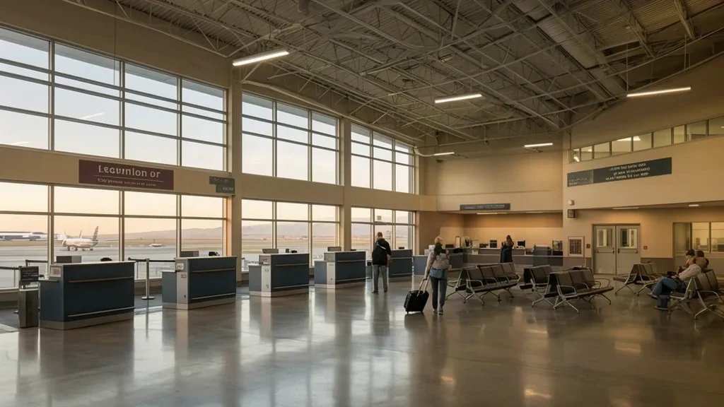 Innenbereich des Terminals des Pocatello Regional Airport PIH in Idaho mit Check-in-Schaltern und Sitzgelegenheiten.