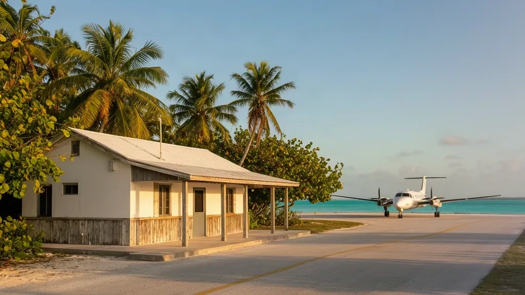 Piccolo edificio terminal tropicale all'Aeroporto di Pine Cay, Turks e Caicos, con palme e un cielo caraibico soleggiato