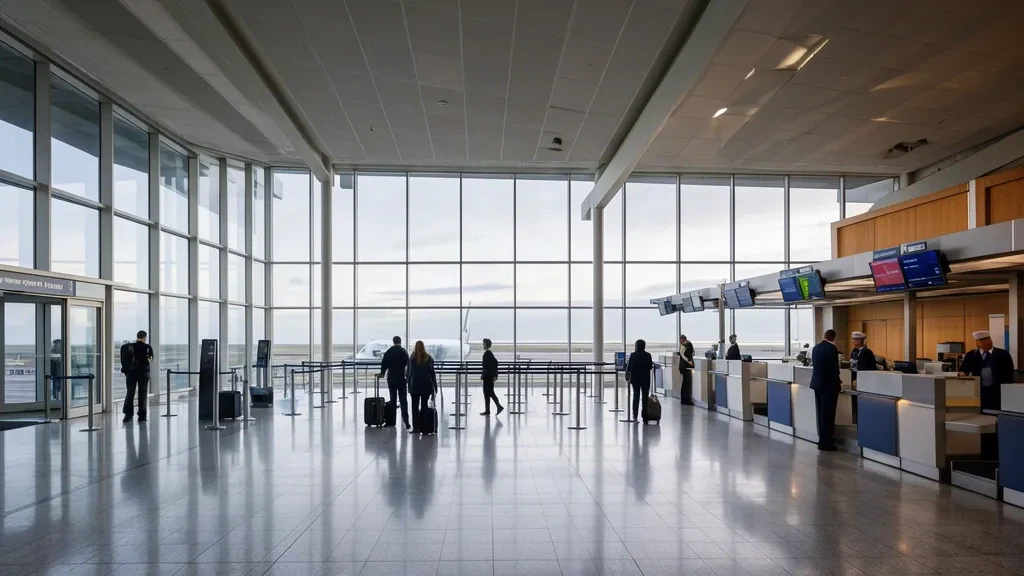 Bright departure hall at Glasgow Prestwick Airport in South Ayrshire, Scotland, with travellers and check-in desks.