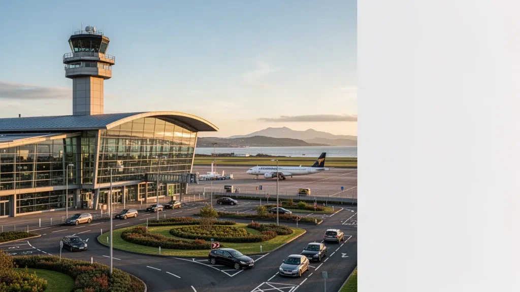 Modernes Glas-Terminalgebäude am Flughafen Glasgow Prestwick während der goldenen Stunde, mit Kontrollturm, Vorfahrtbereich und Küstenlandschaft im Hintergrund.