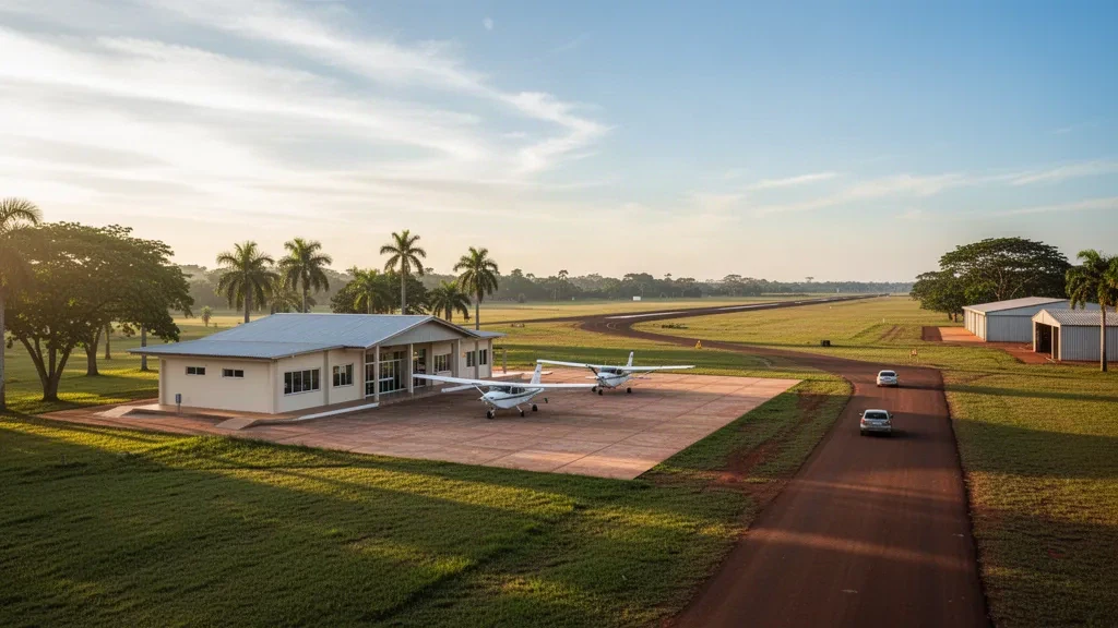 Edificio terminal bajo y avioneta en la plataforma del aeropuerto de Pilar, en Ñeembucú, Paraguay, bajo una cálida luz de hora dorada
