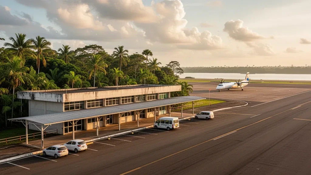 Regional airport terminal in Parintins, Amazonas, Brazil, at golden hour with tropical vegetation, drop-off lane and a parked turboprop aircraft