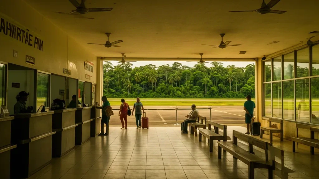 Brezilya'nın Amazonas eyaletindeki Parintins Havalimanı terminalinin içi, check-in alanı, ahşap banklar ve tropikal gün ışığıyla birlikte.