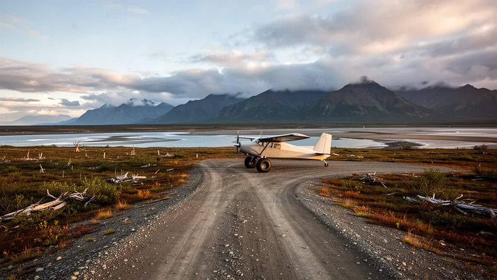 Pista in ghiaia e paesaggio di tundra all'Aeroporto di Pilot Point in Alaska con montagne in lontananza sotto una luce nordica soffusa