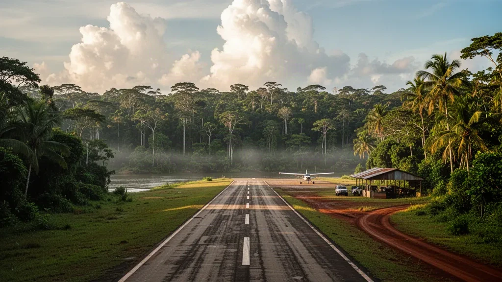 Abgelegene Start- und Landebahn des Flughafens Pipillipai im venezolanischen Amazonas-Regenwald mit einem kleinen Buschflugzeug auf dem Vorfeld im späten goldenen Licht.