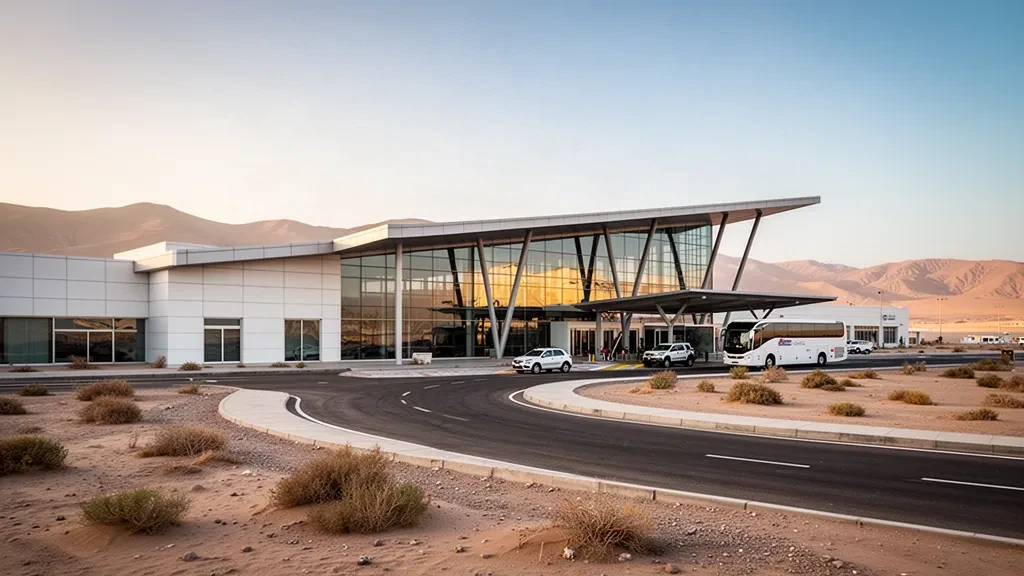 Façade moderne en verre du terminal de l'aéroport international Capitán Renán Elías Olivera à Pisco, au Pérou, sous une chaude lumière côtière du désert.