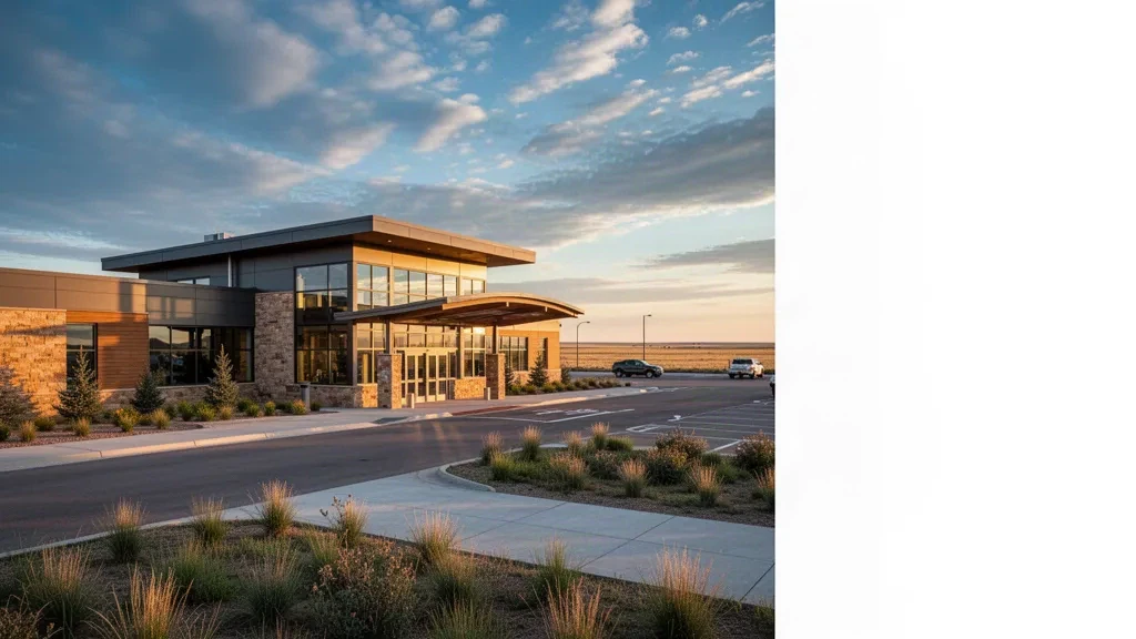 Modern terminal exterior at Pierre Regional Airport in South Dakota with prairie sky and golden-hour light